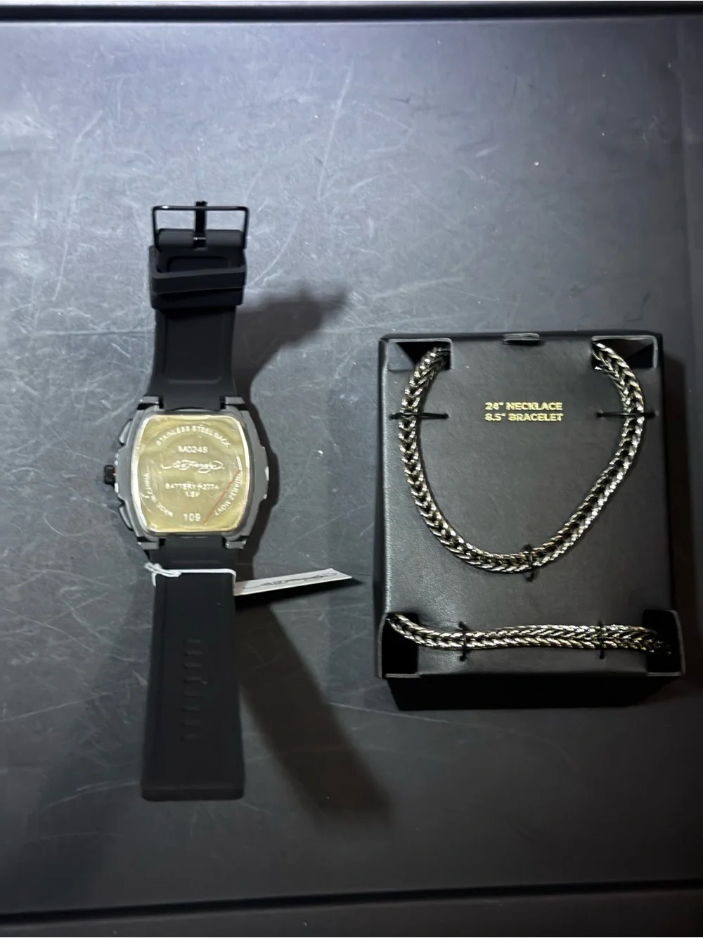Ed Hardy Black and Silver Men's Watch & Jewelry Set